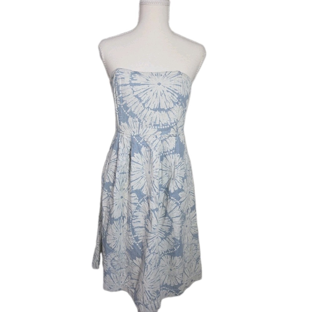 Fossil Strapless Floral Cotton Sundress Blue White Midi Dress Size M - Picture 2 of 10